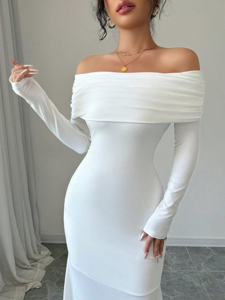 Foldover off-shoulder long sleeve bodycon maxi dress