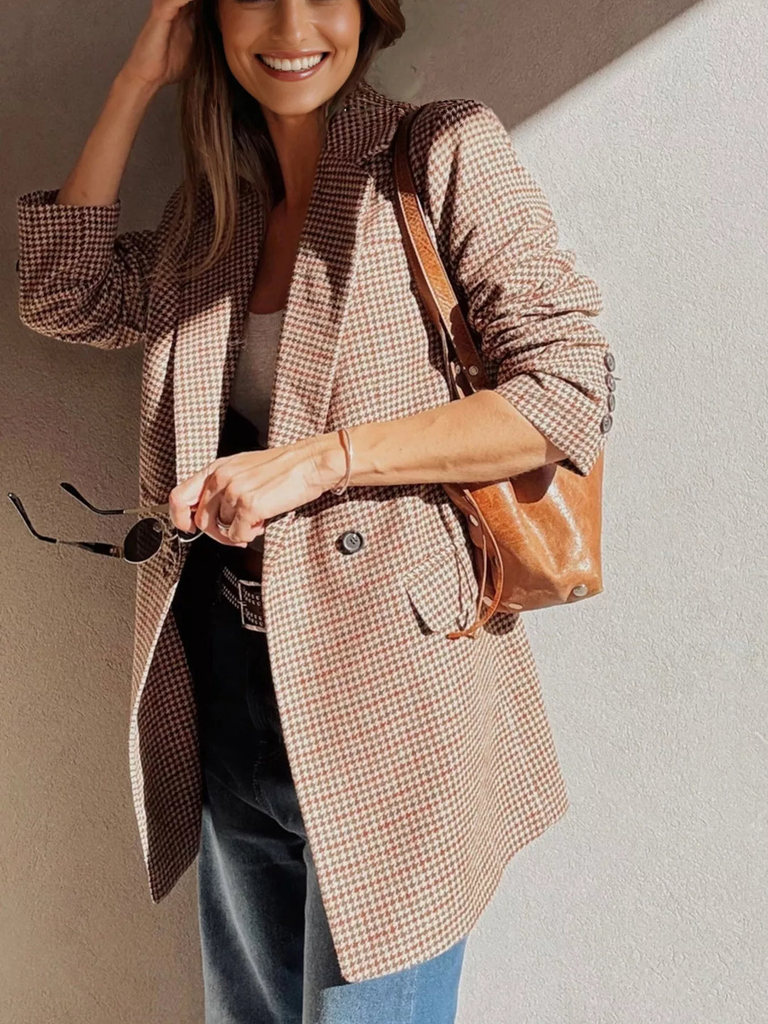 Houndstooth notched lapel longline blazer with buttons