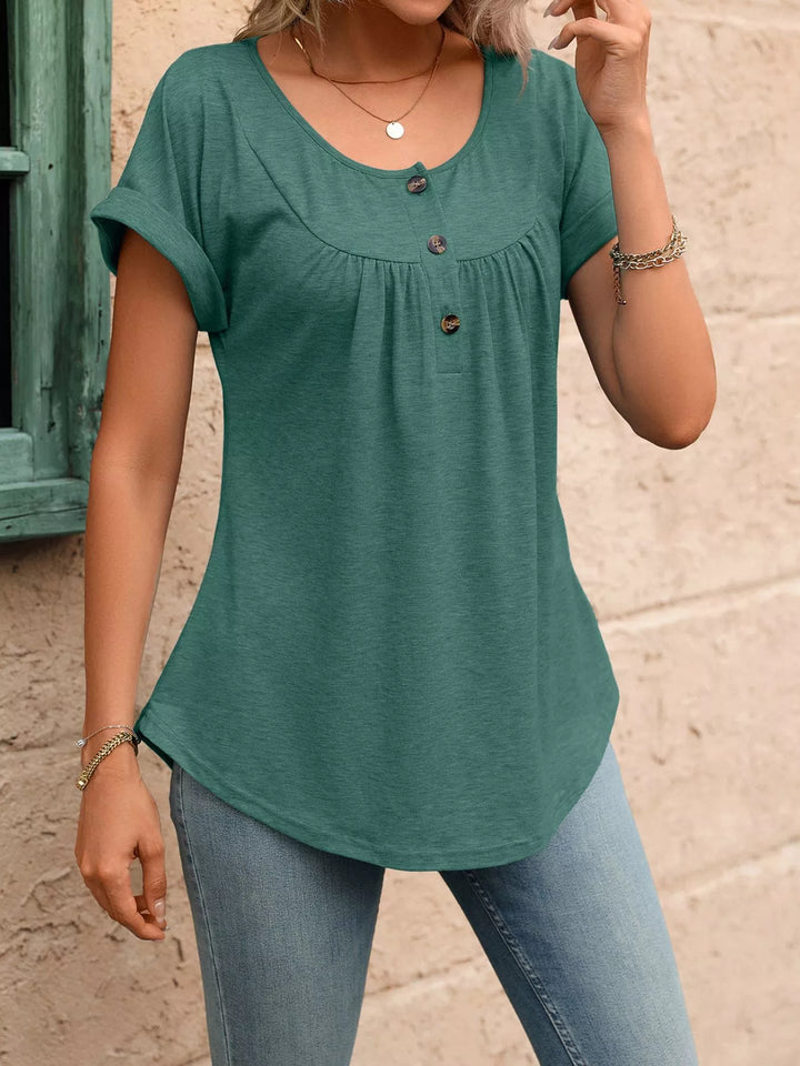 Sage Ruched button-placket henley top with cap sleeves