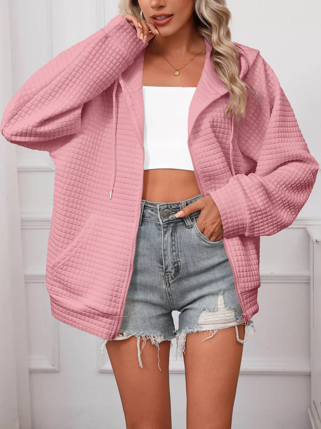 Textured quilted zip-up hooded jacket with pockets