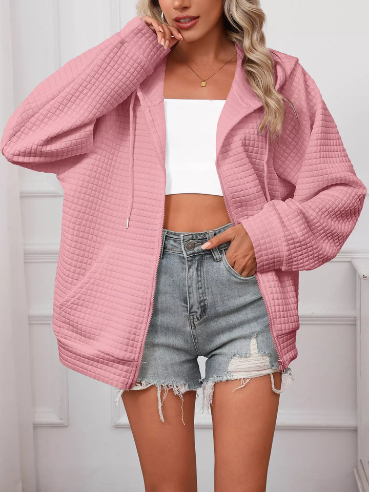 Textured quilted zip-up hooded jacket with pockets