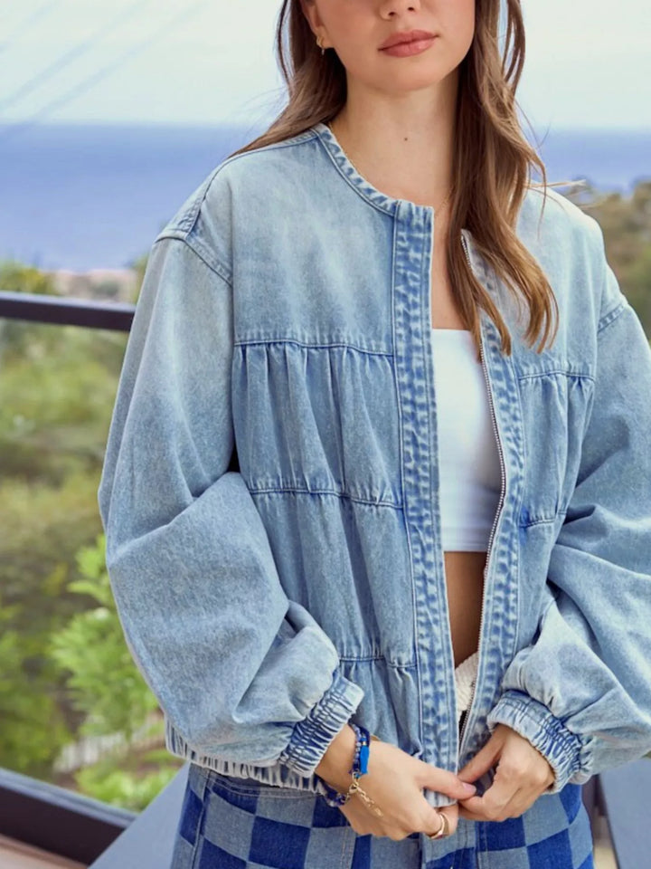 Washed denim zip-up jacket with drawstring hem