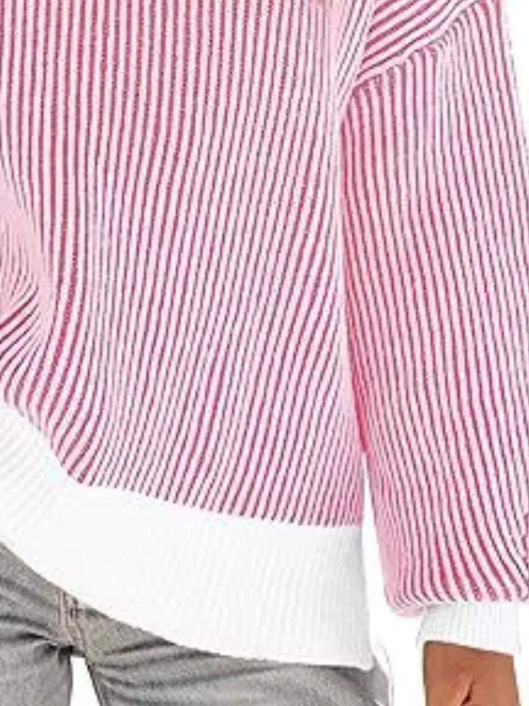 Striped ribbed knit drop shoulder sweater with side slits