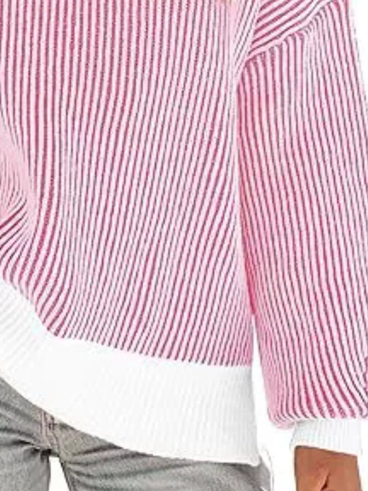 Striped ribbed knit drop shoulder sweater with side slits