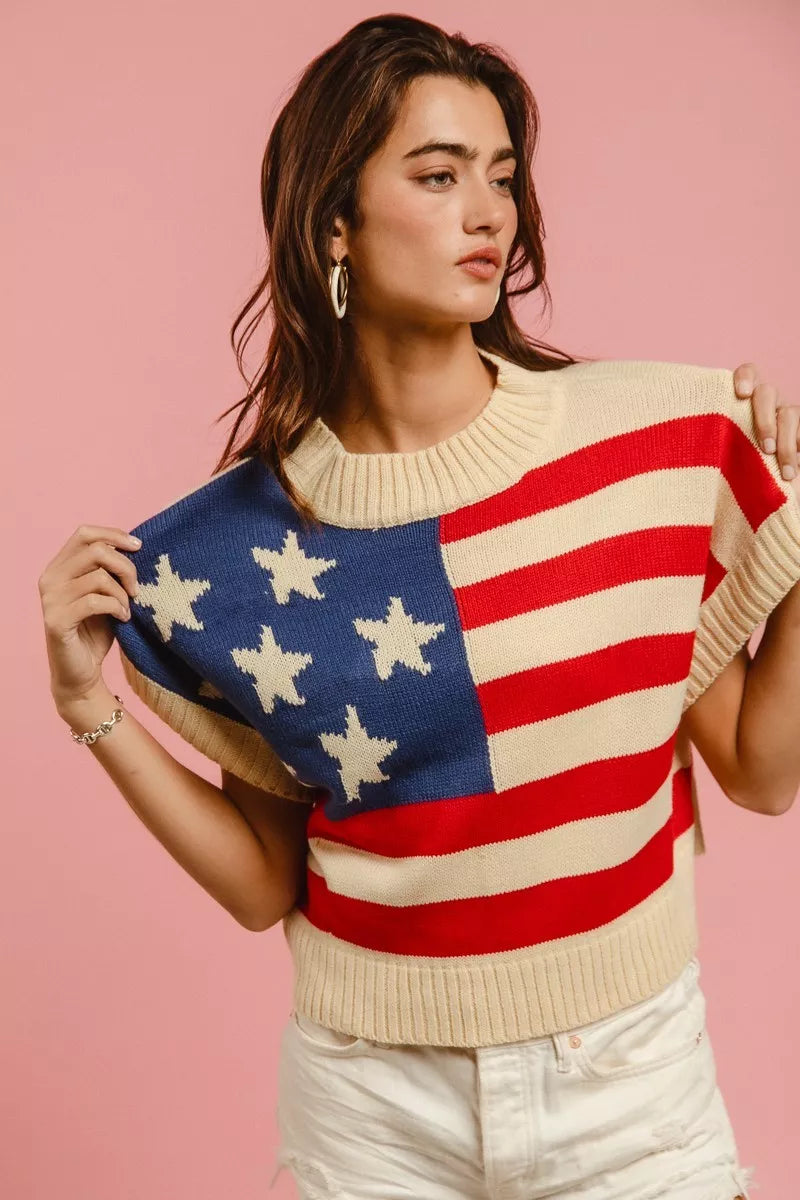 Vivid Red American flag sleeveless knit sweater top