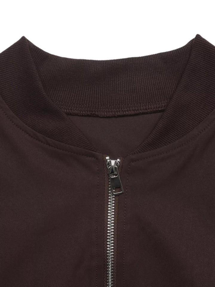 Dropped shoulder zip-up bomber jacket with band collar