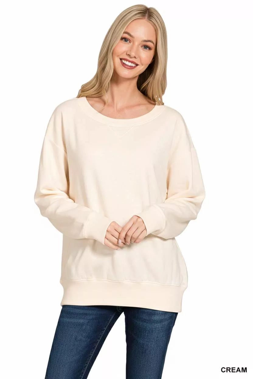 Fleece boat neck sweatshirt with ribbed cuffs and hem