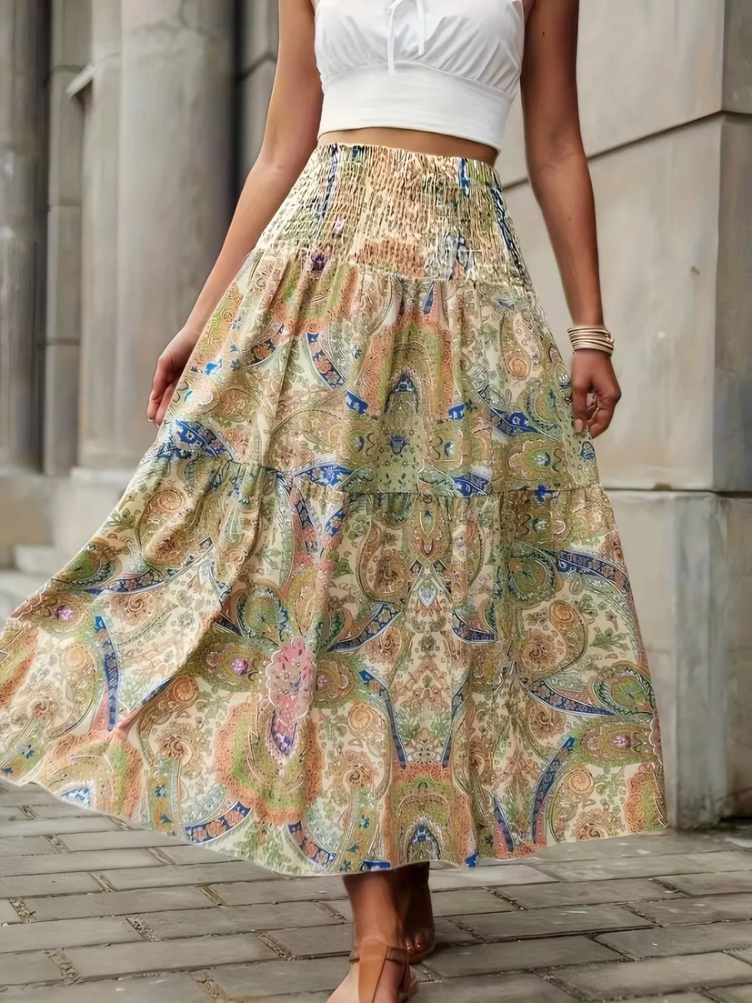 Tan Smocked high-waist paisley print maxi skirt