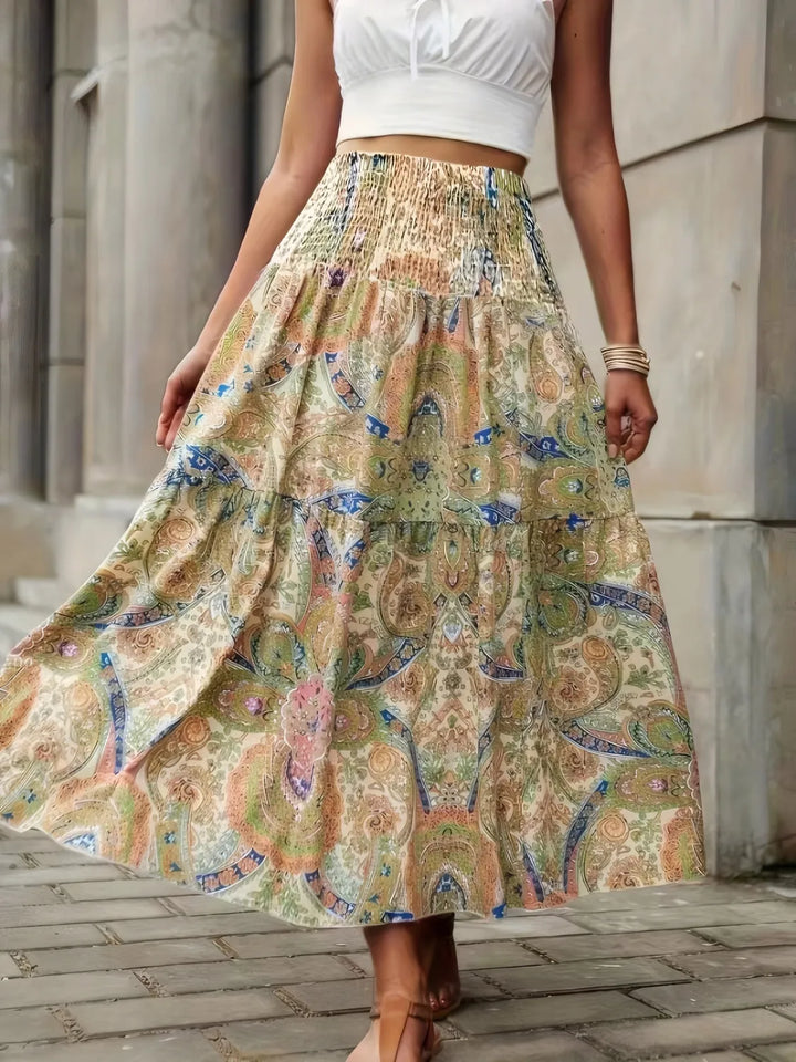 Tan Smocked high-waist paisley print maxi skirt