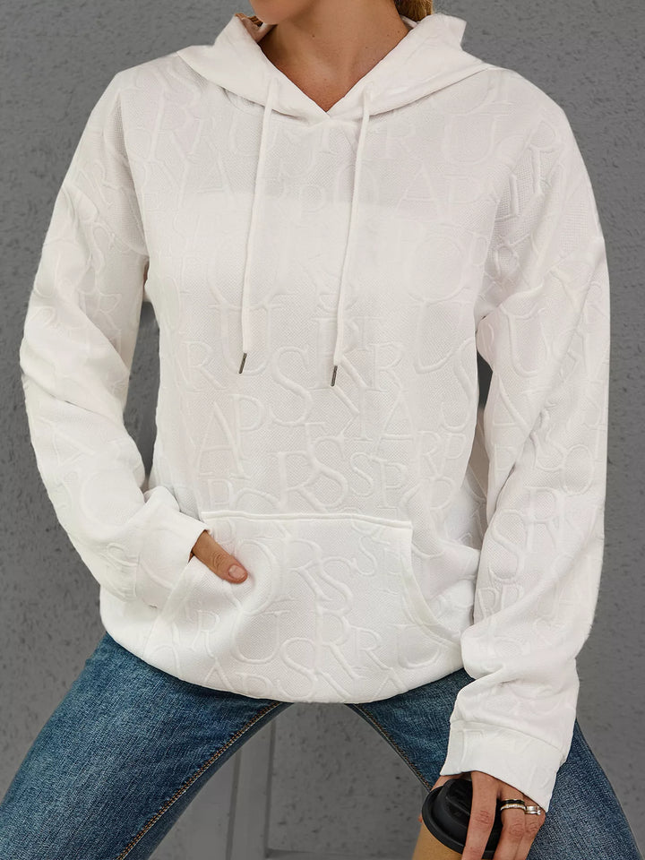 White Embossed lettering drawstring hoodie with kangaroo pocket