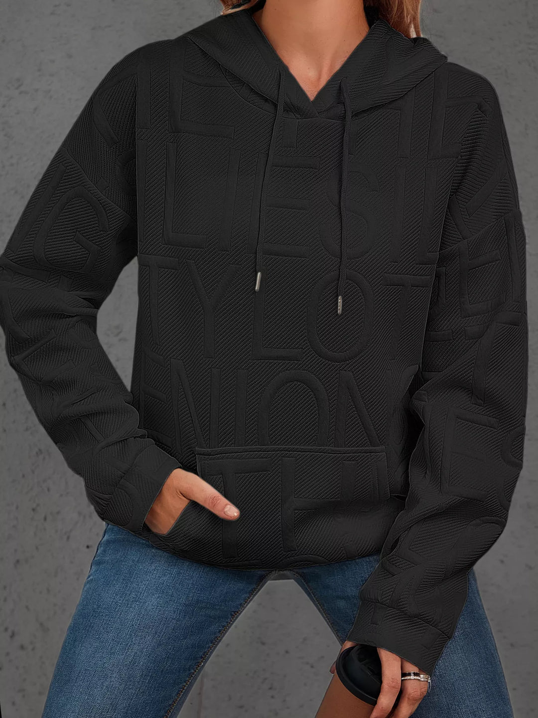 Textured embossed letter pullover hoodie with front pocket