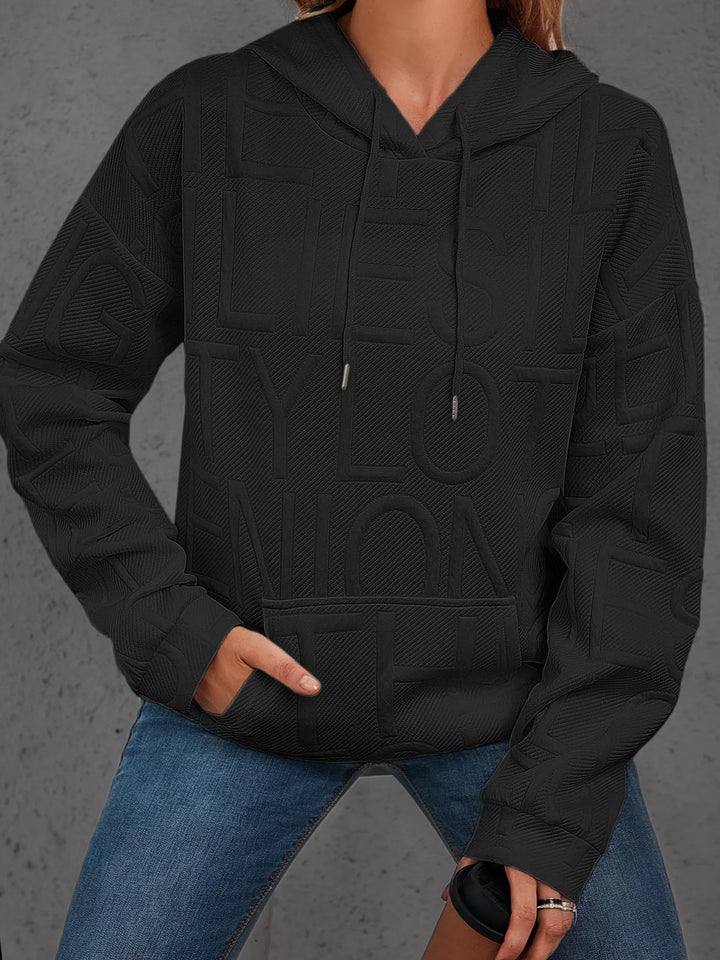 Textured embossed letter pullover hoodie with front pocket