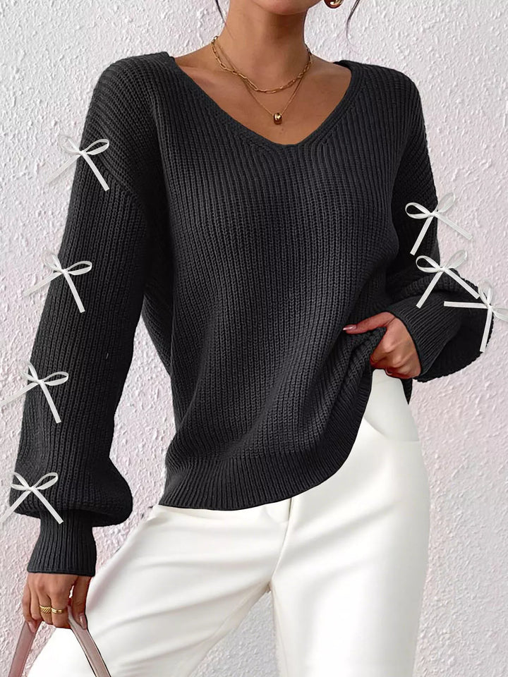 Black Ribbed knit V-neck sweater with bow-tie sleeves