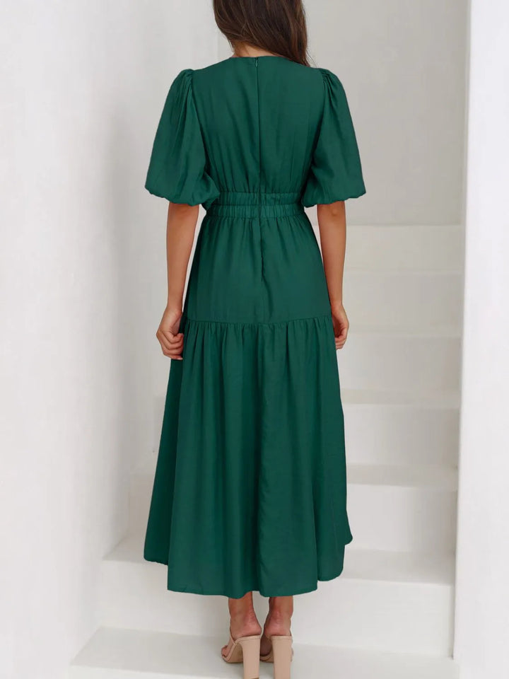 Ruched waist puff sleeve v-neck tiered midi dress