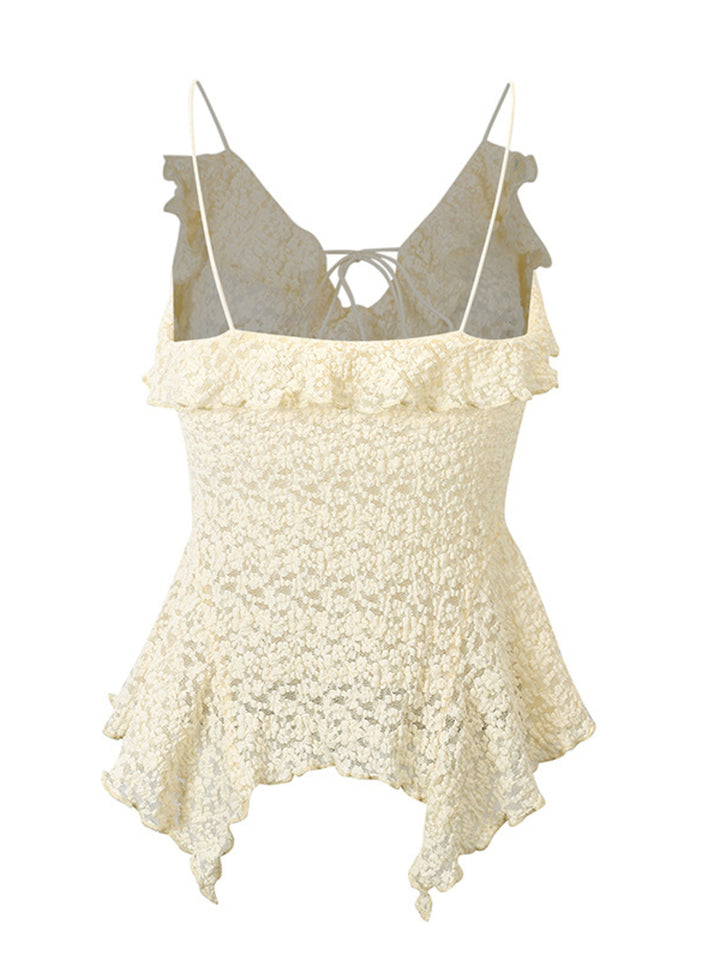 Lace tie-front cami with ruffle trim and asymmetric hem