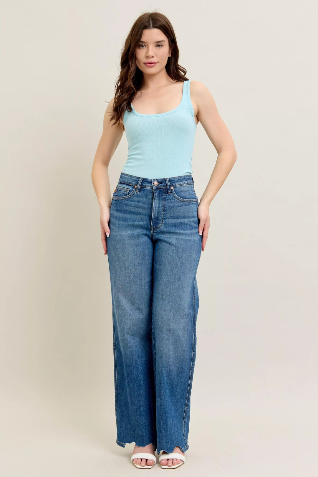 High-rise tummy control wide leg jeans with raw chewed hem