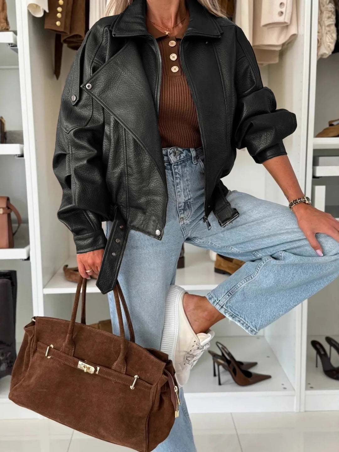 Black Oversized faux leather moto jacket with belted hem