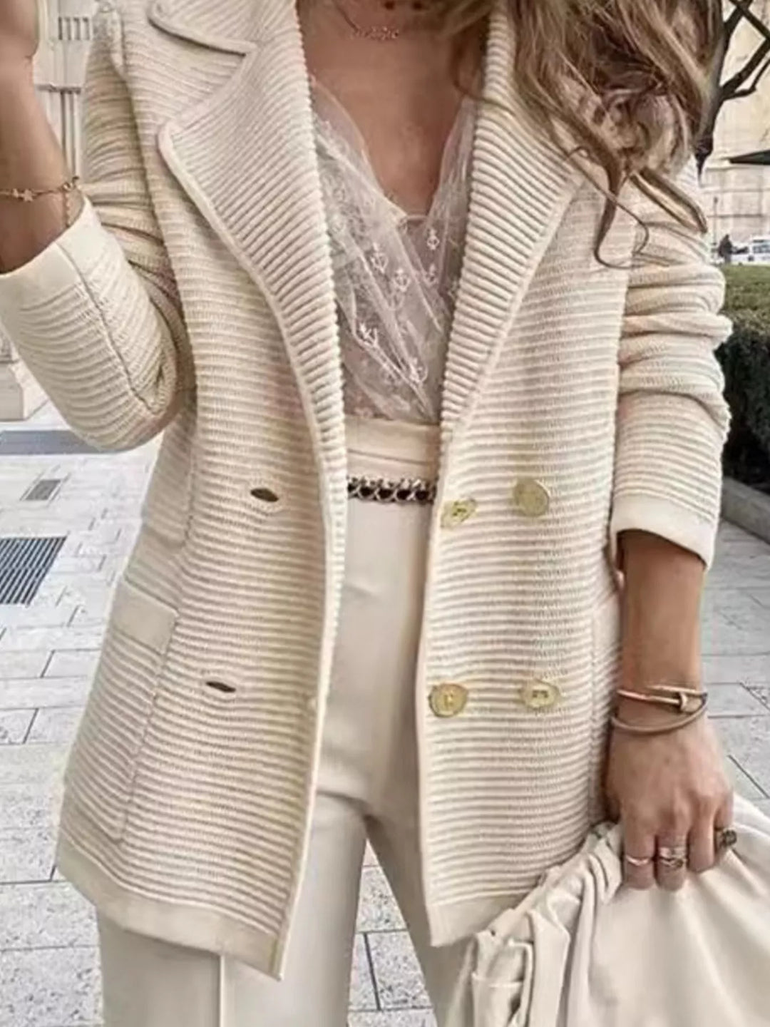 Ribbed knit double-breasted blazer with gold buttons