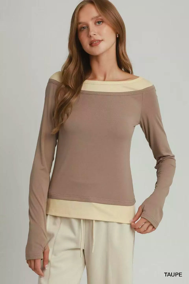 TAUPE Layered twofer color-block top with thumbhole sleeves