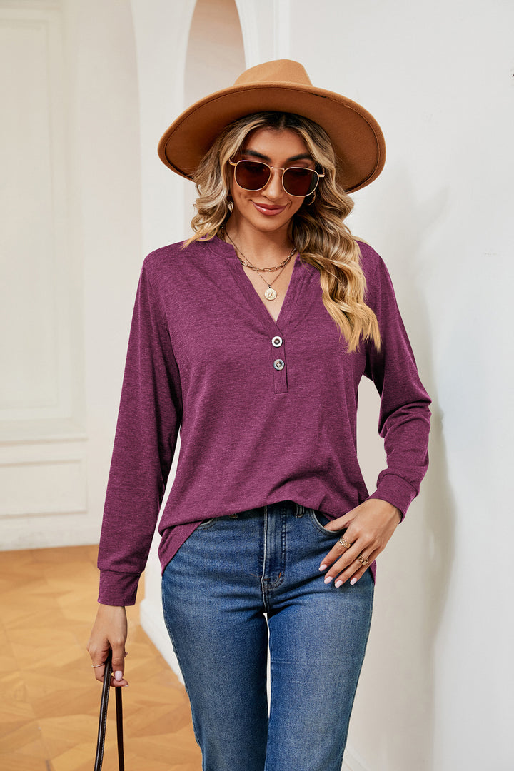 Red-Violet Notch neck long sleeve top with button placket