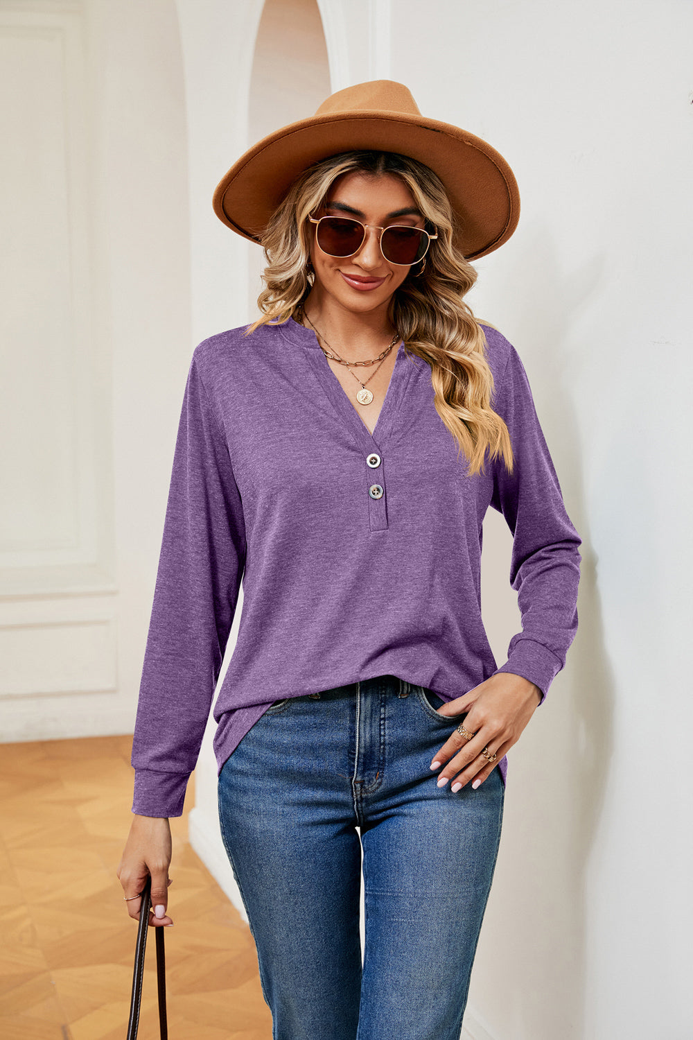 Lavender Notch neck long sleeve top with button placket