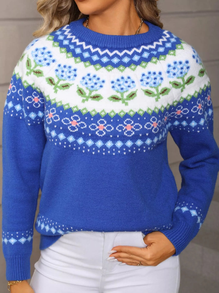 Floral fair-isle knit crew neck sweater