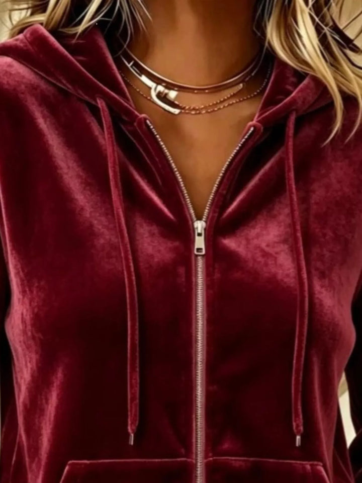 Velvet zip-up hoodie jacket with drawstring and front pockets