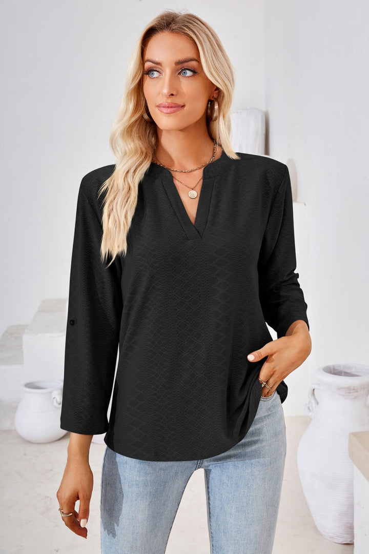 Black Textured split v-neck blouse with roll-tab sleeves