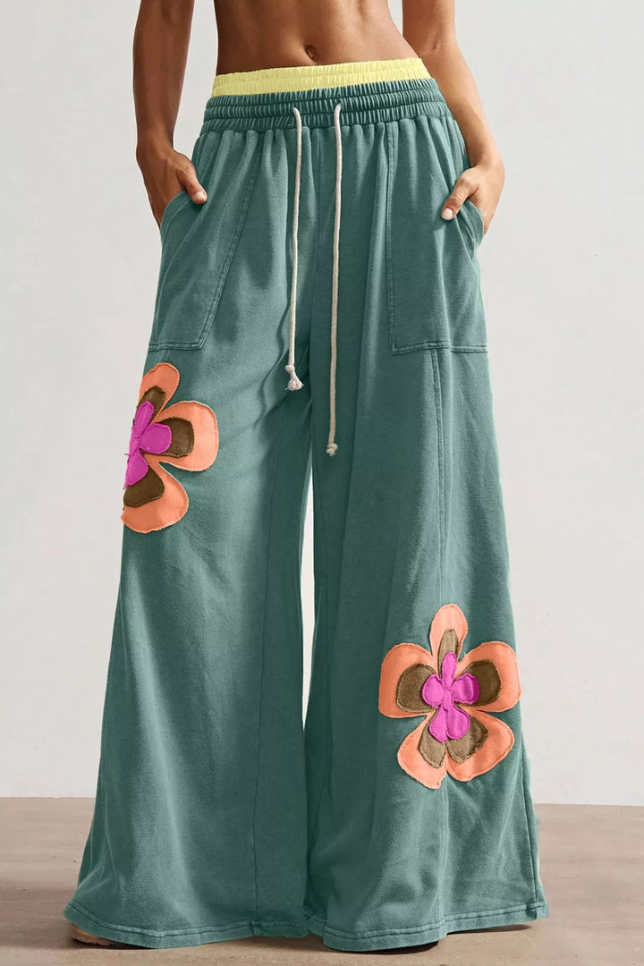 Turquoise Floral appliqué wide-leg drawstring pants