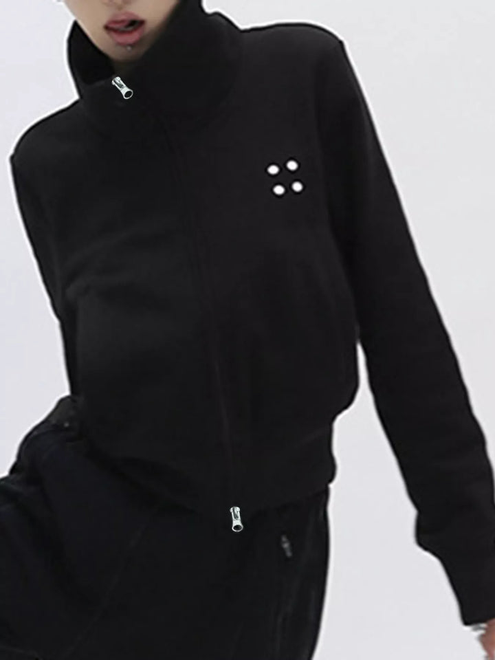 Cropped stand-collar zip-up jacket with two-way zipper
