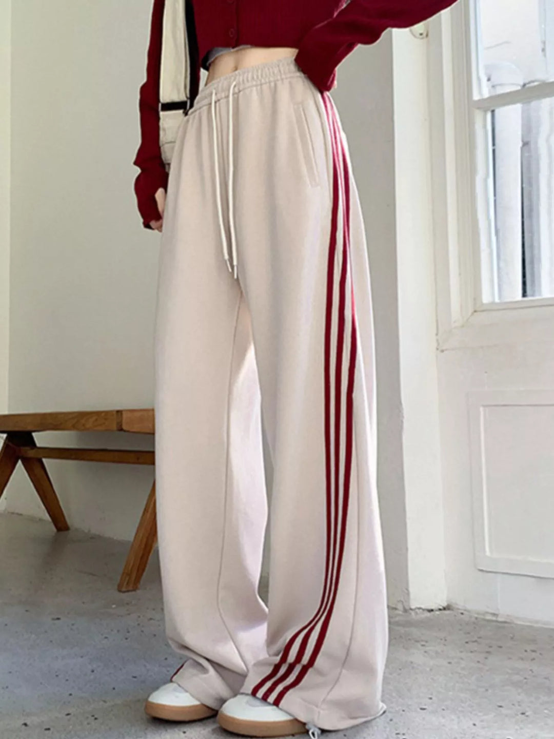 Side-stripe wide-leg track pants with drawstring waist