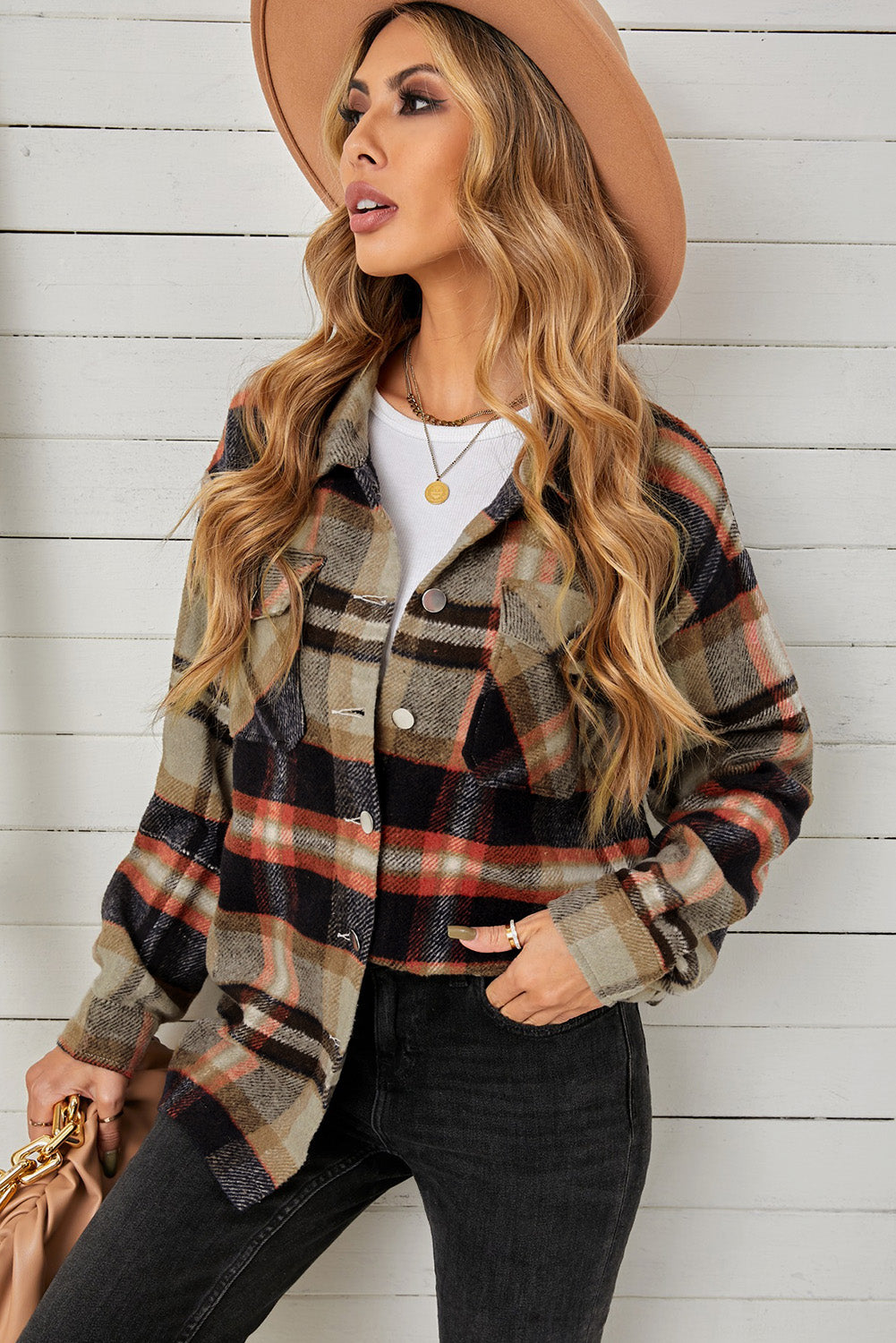 Plaid button-down shacket with flap chest pockets