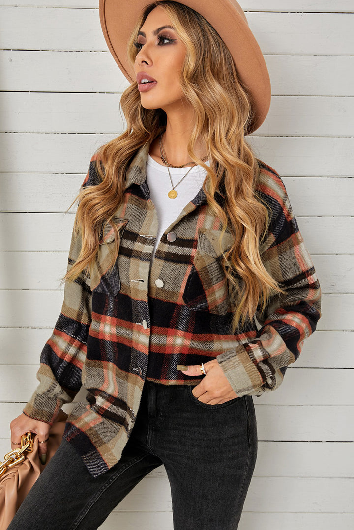 Plaid button-down shacket with flap chest pockets