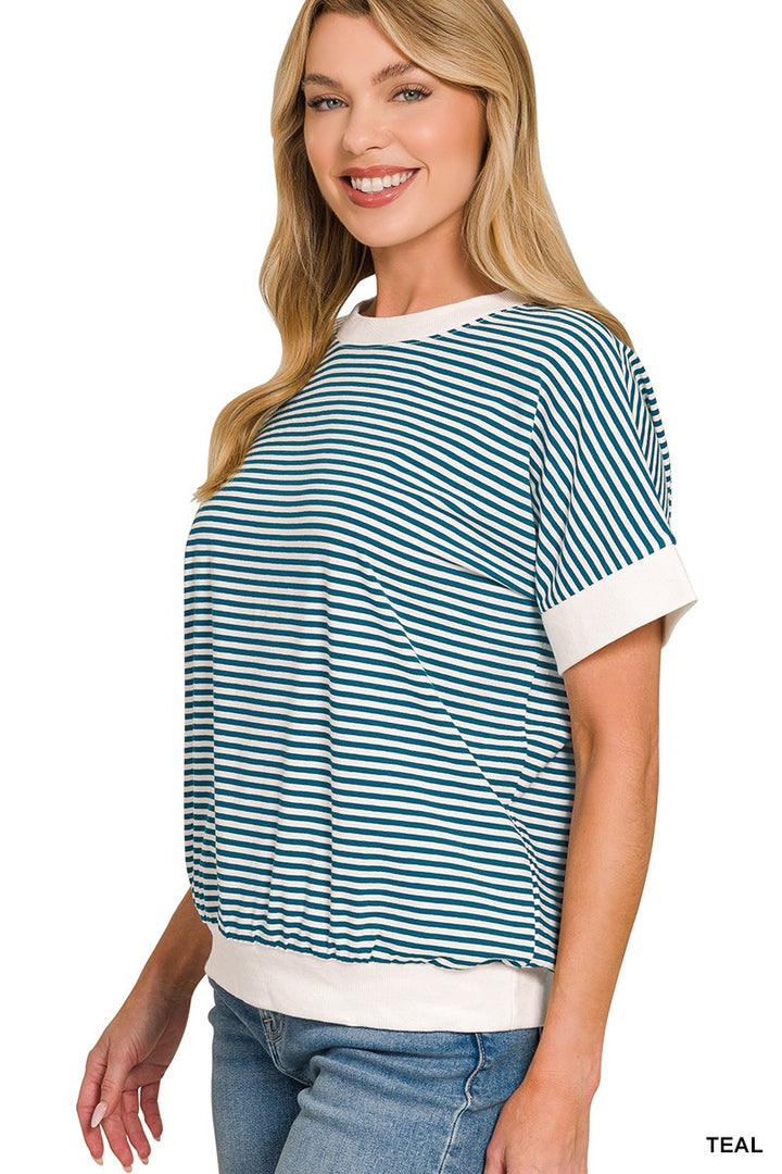 Striped short sleeve top with contrast trim and banded hem