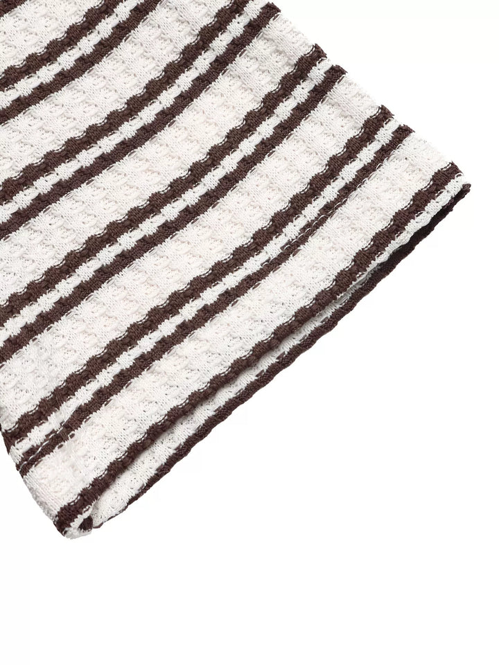 Striped textured knit top with contrast polo collar