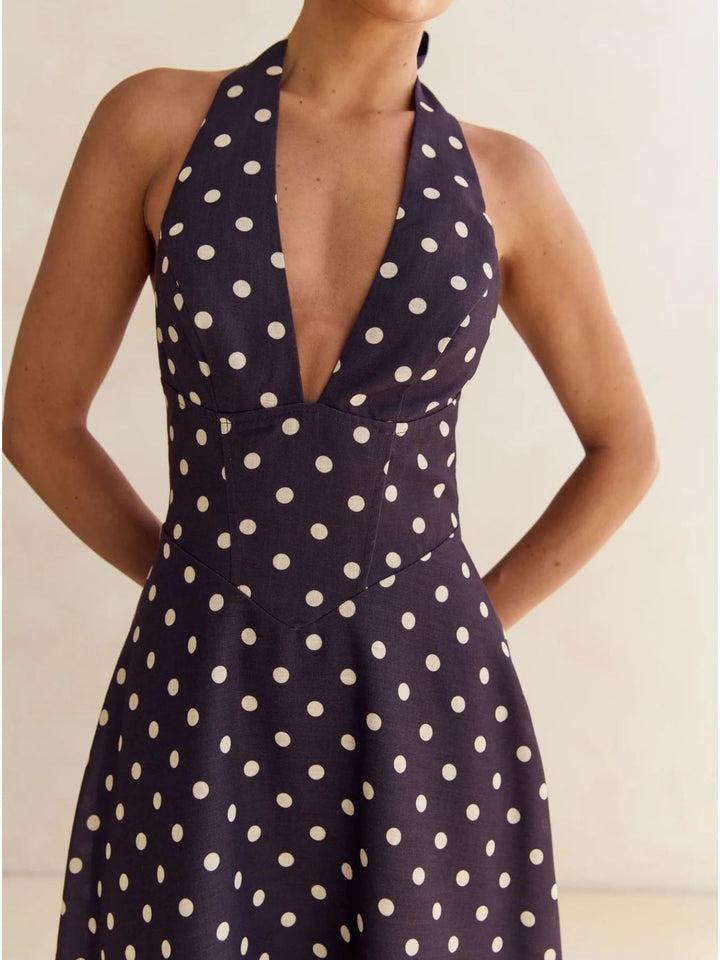 Floral print halter maxi dress with lace-up back
