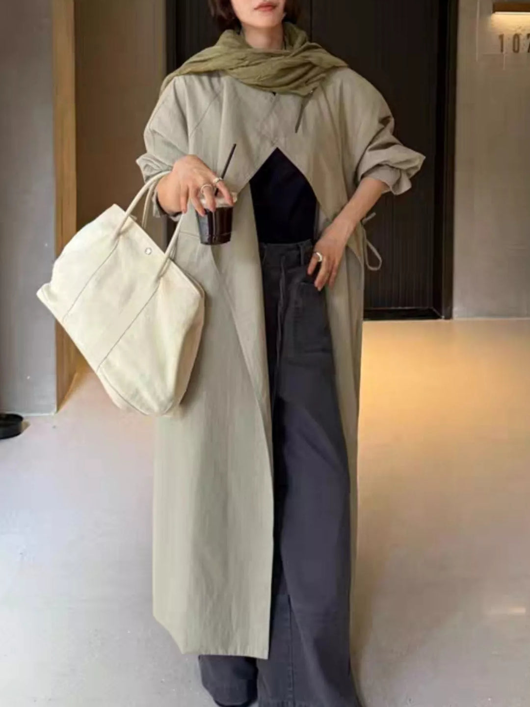Drawstring open front longline trench coat