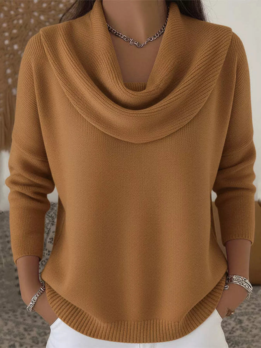 Brown Drape cowl neck long sleeve knit sweater