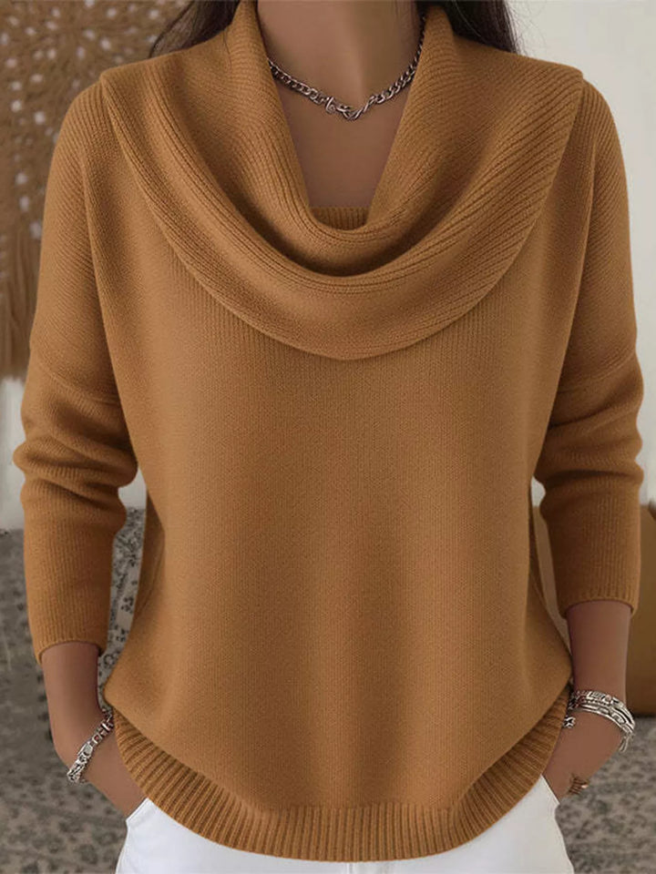Brown Drape cowl neck long sleeve knit sweater