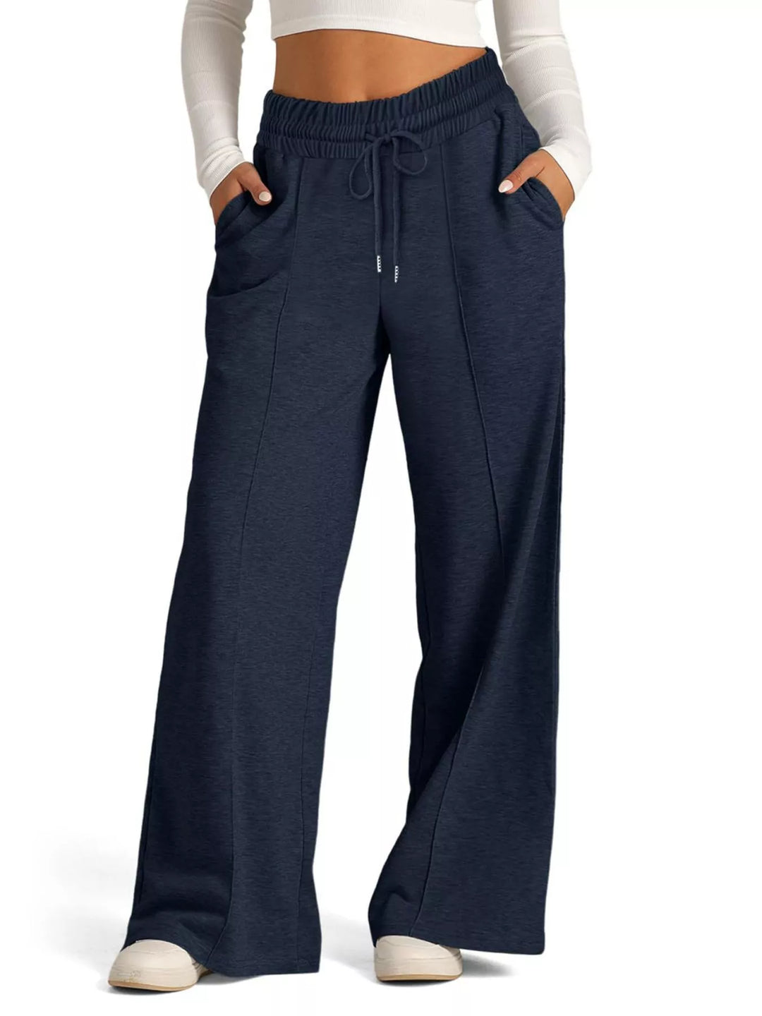 Navy Blue Wide-leg drawstring pants with elastic waist and pockets