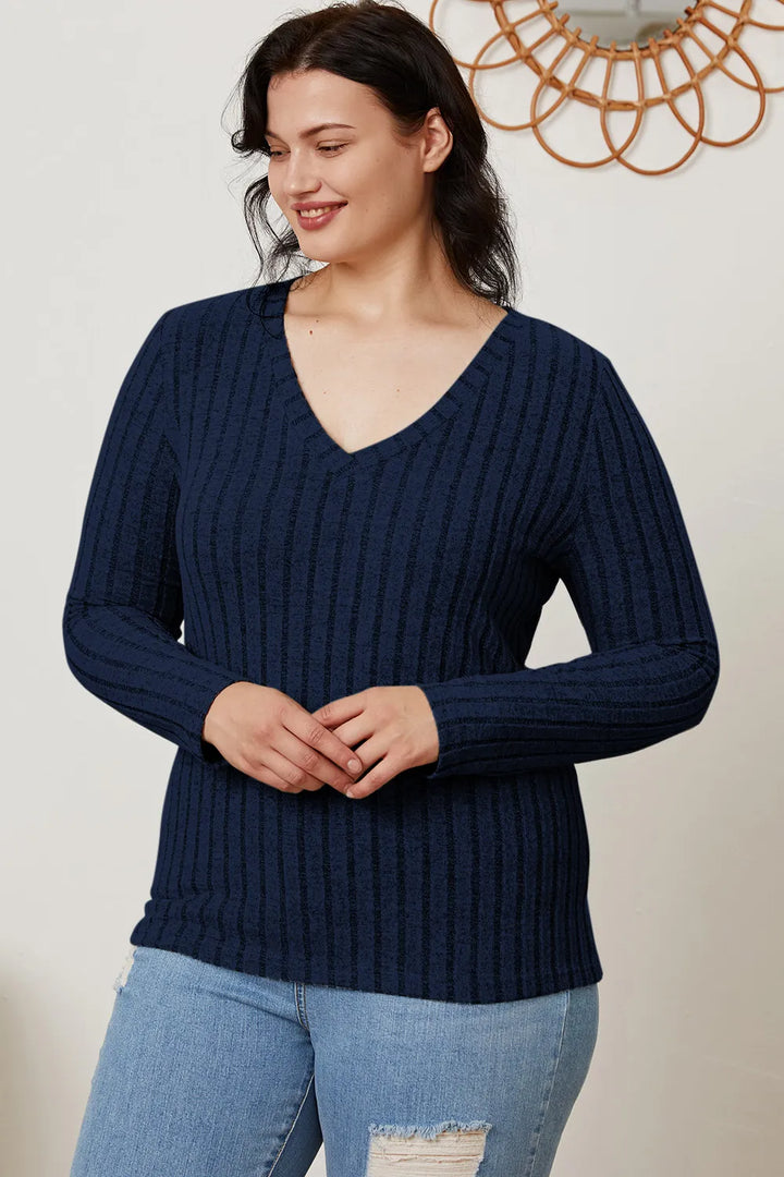 Ribbed v-neck long sleeve knit top