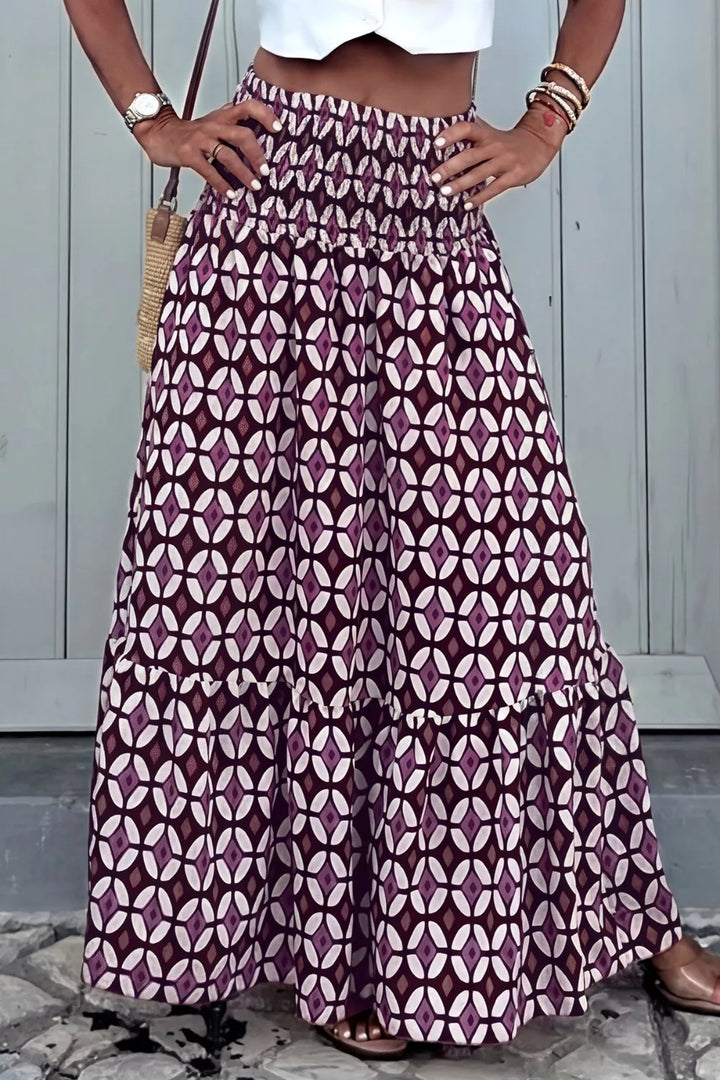 Mauve Geometric print tiered smocked waist maxi skirt