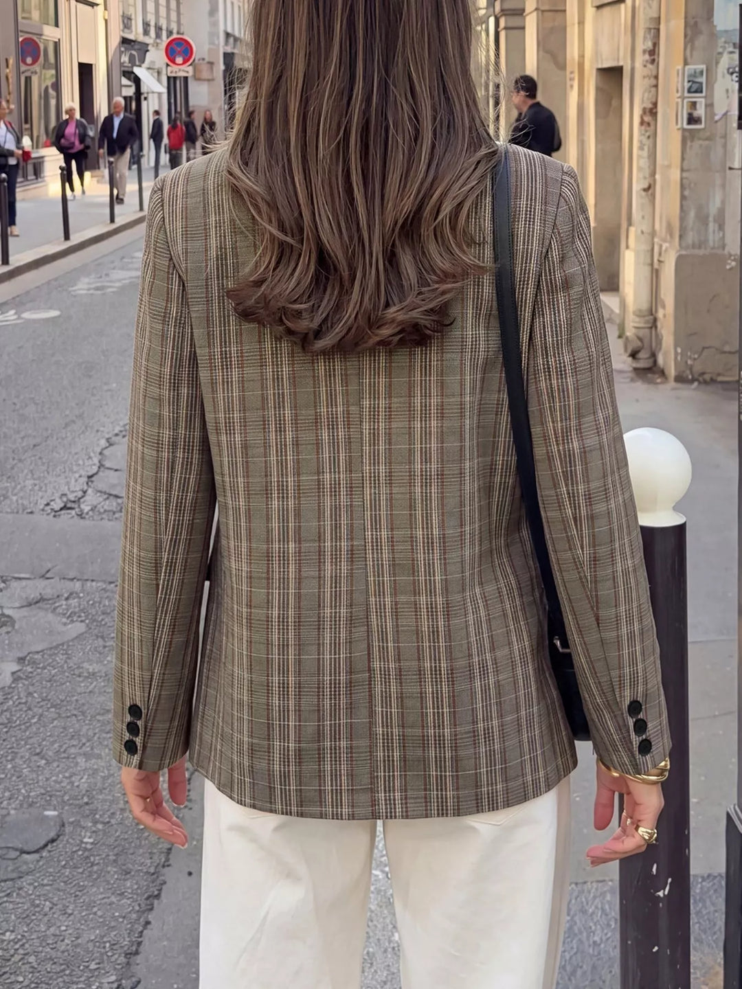 Plaid asymmetric single-button blazer with stand collar