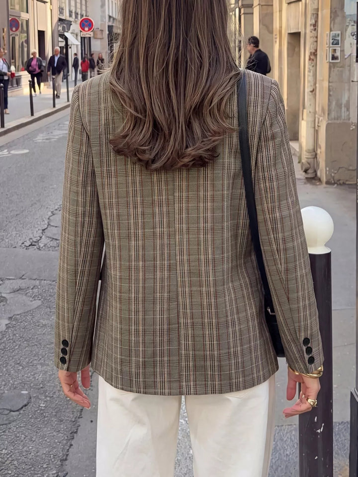 Plaid asymmetric single-button blazer with stand collar