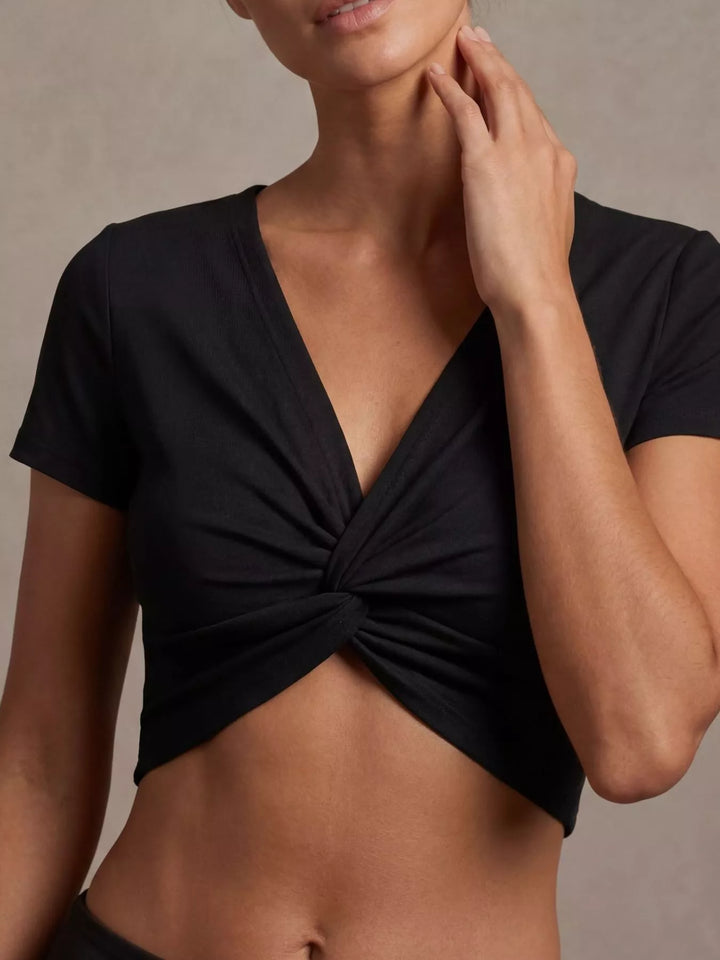 Black Short-sleeve twist-front deep V-neck crop top