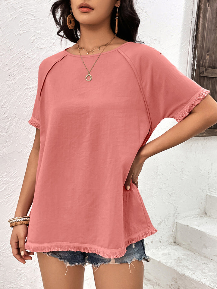 Fringe-trim raglan sleeve round neck tunic top