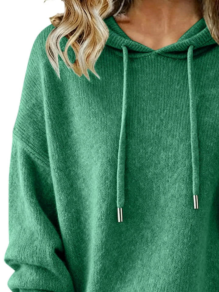Drawstring hooded knit sweater with ribbed cuffs