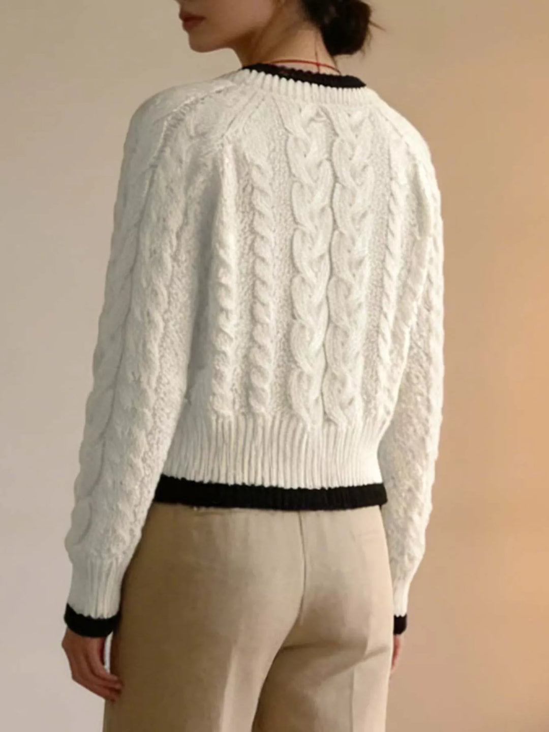 Cable knit button-up cardigan with contrast trim