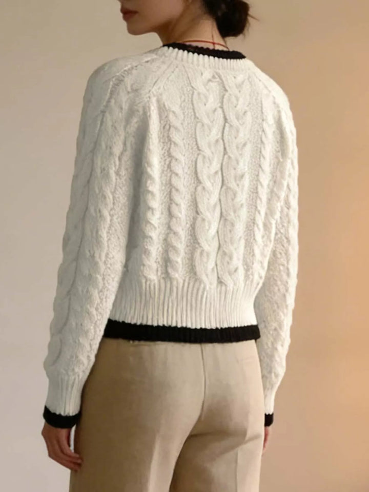 Cable knit button-up cardigan with contrast trim