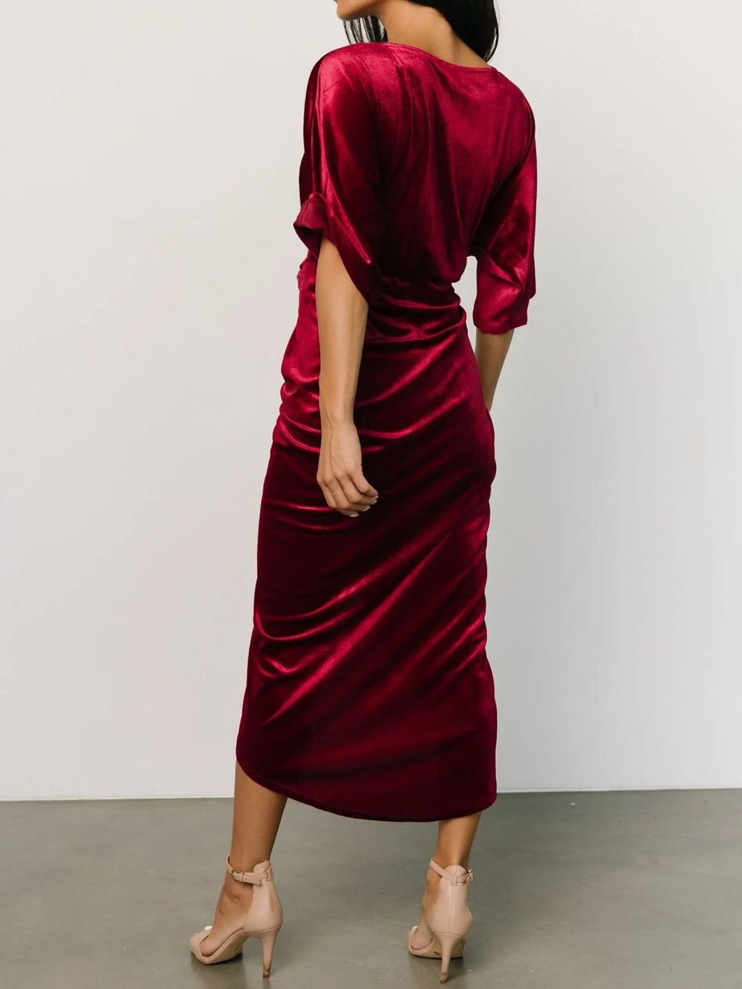 Ruched velvet wrap midi dress with surplice v-neck